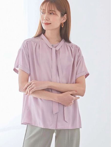 ボウタイ付き半袖ブラウス マタニティ・産後授乳服【出産後も長く使える】