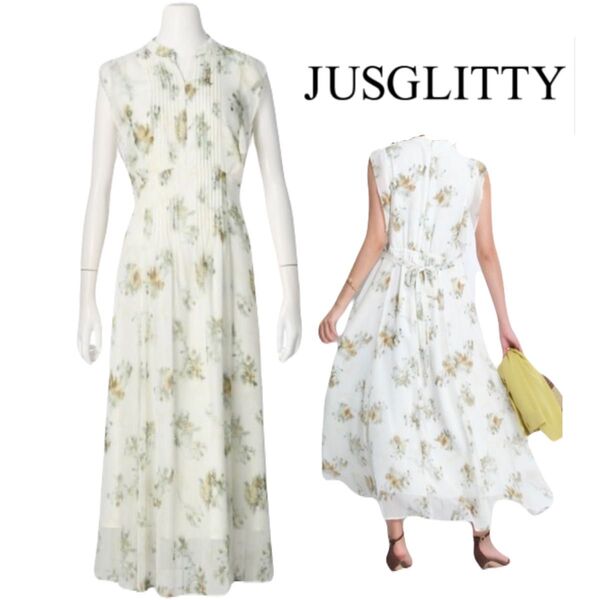 本日限定セール JUSGLITTY ジャスグリッティー アンティークフラワープリントワンピース ロング 花柄 ノースリーブ