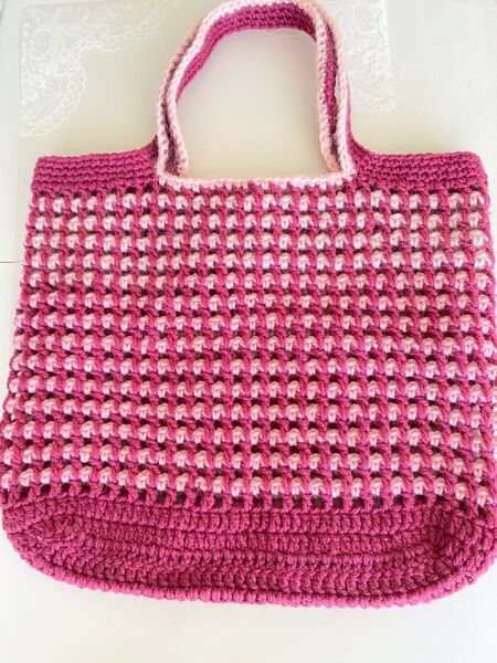 No. 372 ニットバッグ トートバッグ ハンドメイド 手編み 変わり方眼編み かぎ針編み オリジナルデザイン レトロ