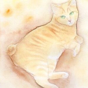 水彩画 猫の絵 手描きイラスト アート ポストカードサイズ【008】