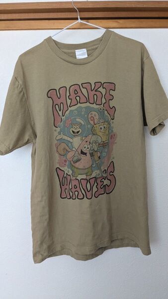 【美品】Tシャツ スポンジボブ L 大きいサイズ カーキ 綿100% 大きいサイズ