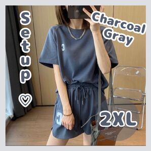 【ラスト2点】セットアップ チャコールグレー 2XL ルームウェア アウトドア 部屋着 ロゴ入り 韓国風 半袖 Tシャツ ゆったり