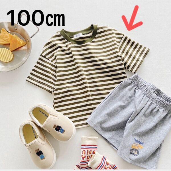 【新品・キッズ】100㎝ボーダーTシャツ 子供服 シンプル キッズTシャツ 韓国輸入 グリーン 未使用 ボーダー柄 半袖Tシャツ