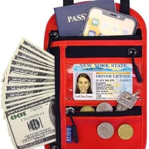 パスポートケース 首下げ スキミング防止 パスポートバッグ ネックポーチ 多機能収納ポケット 紙幣 カード 小銭 ペン 鍵 スマホ