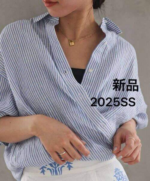 新品スローブ イエナSLOBE IENAリネンコットンカシュクールシャツ/ブルーストライプ/リネン/ブラウス