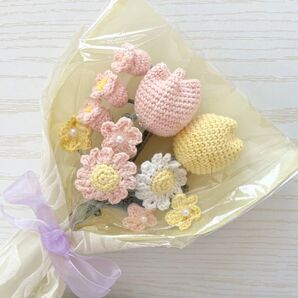 枯れない花 毛糸の花束 パステルカラー イエロー サーモンピンク