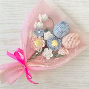 枯れない花 毛糸の花束 パステルカラー サーモンピンク ブルー