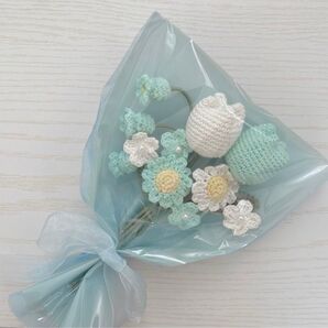 枯れない花 毛糸の花束 パステルカラー ホワイト アクアグリーン