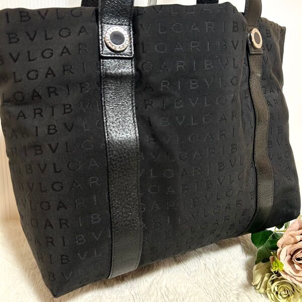 BVLGARI ブルガリ ロゴマニア トートバッグ キャンバス サークルロゴ金具 レザー 肩掛け 本革 ビジネス ブラック 黒