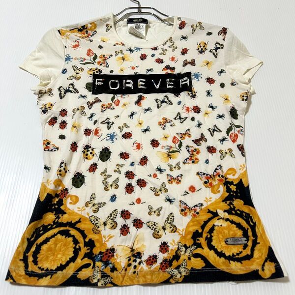 VERSACE ヴェルサーチ フレンチスリーブ 昆虫柄 プリント Tシャツ Mサイズ 総柄 半袖 コットン レディース カットソー