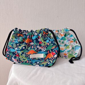 お弁当袋 巾着 ハンドメイド 男の子 恐竜 紺 グレー