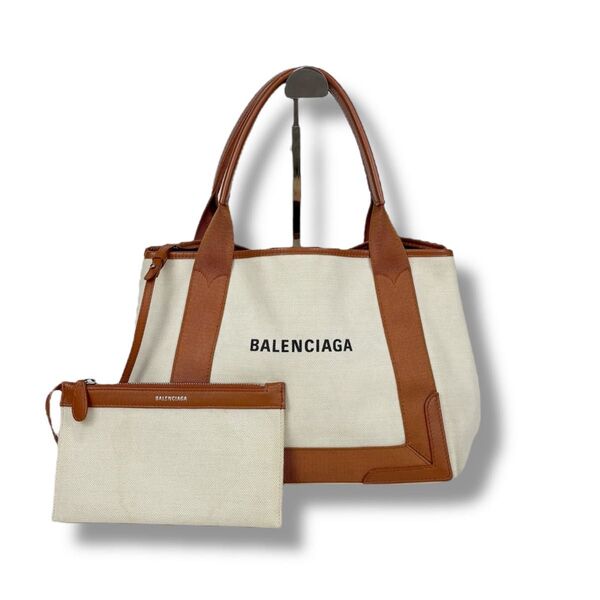 BALENCIAGA バレンシアガ ネイビーカバスS ミニトートバッグ ポーチ付き ブラウン アイボリー キャンバス ロゴプリント