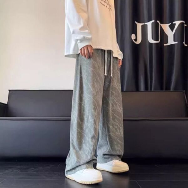 メンズ ワイドパンツ ウォッシュ加工 ストレート 総柄 スウェット ウエストゴム