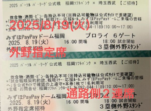 PayPayドーム福岡 8/19(火) vs西武戦 レフト側外野指定席チケット 2枚 席は通路側連番です 夏休み期間