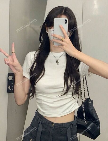 無地クロップド プリーツ半袖Tシャツ カジュアル 夏用