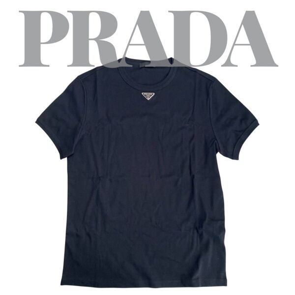 【完売品】PRADA プラダ Tシャツ XLサイズ 三角ロゴ 半袖 メンズ 短丈 黒 ブラック コットン ワンポイント