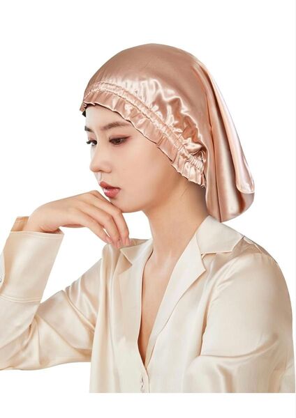 Utukky シルクナイトキャップ 筒型 就寝用 ボブ セミロング 寝癖防止 ヘアキャップ 無地 ピンクゴールド 32㎝ 1個