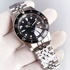 【新品未使用】 自動巻き 腕時計シルバーベルトブラック文字盤 黒文字盤ビジネスウォッチ防水機械式サファイアガラス