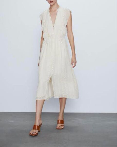 ZARA ザラ 刺繍入りドットメッシュワンピース フリル ノースリーブ