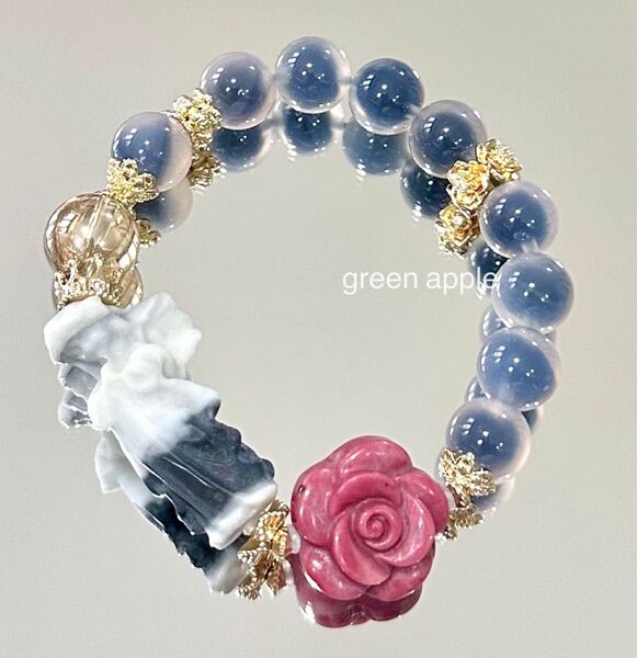 《エネルギー循環の石》女神様(太極石)と薔薇(ロードナイト)、タピオカ瑪瑙のブレスレット 内径約15㎝