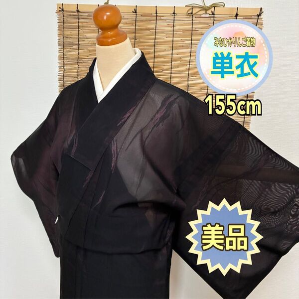 【美品】【単衣】【薄物】紗 黒 流水 夏の着物 お洒落 アンティーク着物