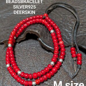 ホワイトハーツ★赤5㎜★SLV925★鹿革紐★2重巻ブレスレット★ビーズブレスレット★Mサイズ★新品未着用★送料無料★クーポン