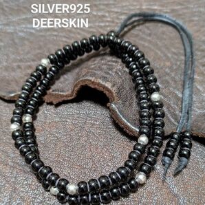 ホワイトハーツ★黒5㎜★SLV925★鹿革紐★2重巻ブレスレット★Lサイズ★新品未着用★送料無料★男女兼用★クーポン