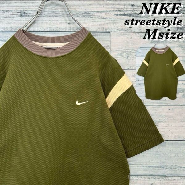 【抹茶カラー】00s NIKE 半袖 スウェット Tシャツ 刺繍 切り替え ビンテージ ナイキ スウッシュ刺繍