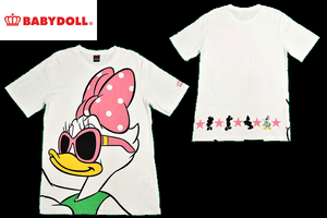 S-9605★送料無料★BABYDOLL ベビードール DAISY DUCK ビッグプリント デイジーダック ディズニーコラボ★ホワイト白 半袖Ｔシャツ Ｌ