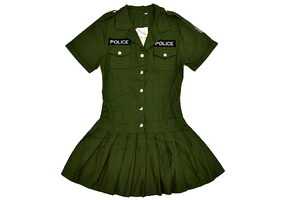 S-9837★新品★Top Fashion トップファッション★カーキグリーン POLICEワッペン プリーツスカート 半袖 サファリシャツ ワンピース Ｍ