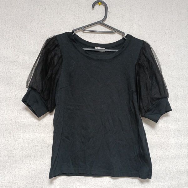 美品☆Anatelier☆袖ふんわりチュールデザインカットソー・36 半袖 Tシャツ コットン 半袖カットソー 黒
