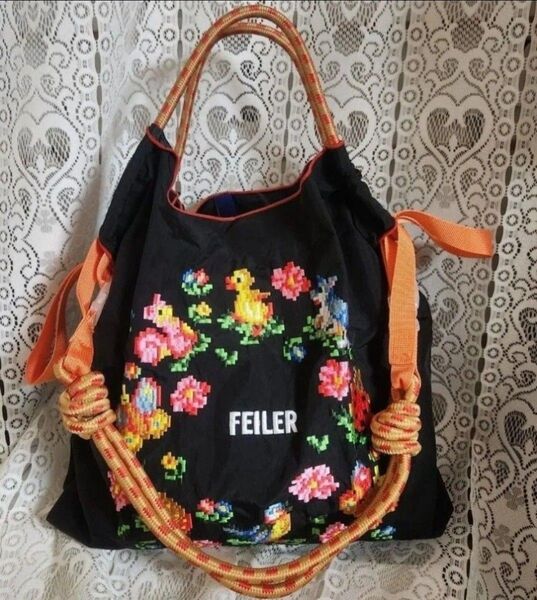花柄 アヒル 刺繍バッグ エコバッグ ◆ブラック◆トートバック◆ショルダーストラップ付き【新品・未使用】