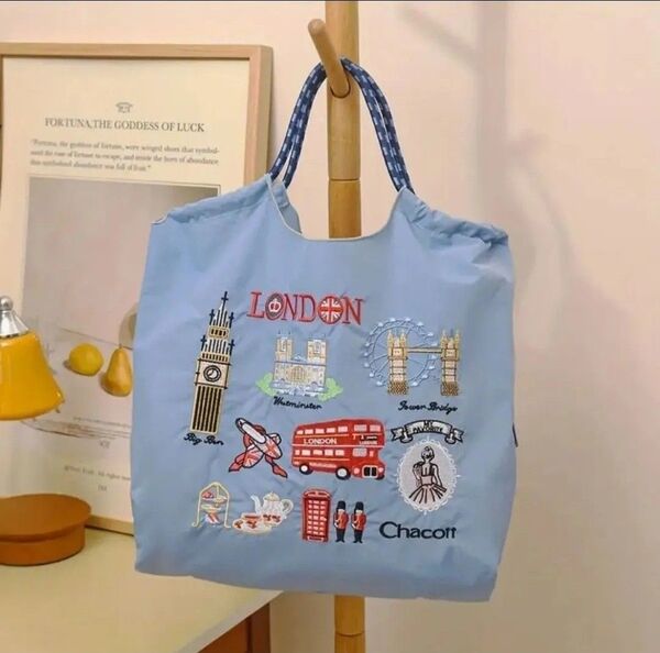刺繍バッグ エコバッグ ロンドン バス ◆スカイブルー 水色◆トートバック【新品・未使用】