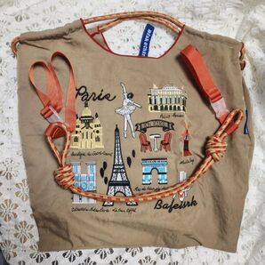 刺繍バッグ エコバッグ ◆パリ◆カーキ色◆トートバック◆ショルダーストラップ付き【新品・未使用】おしゃれ