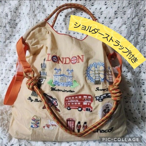 刺繍バッグ エコバッグ ロンドン バス ◆ベージュ◆トートバック◆ショルダーストラップ付き【新品・未使用】