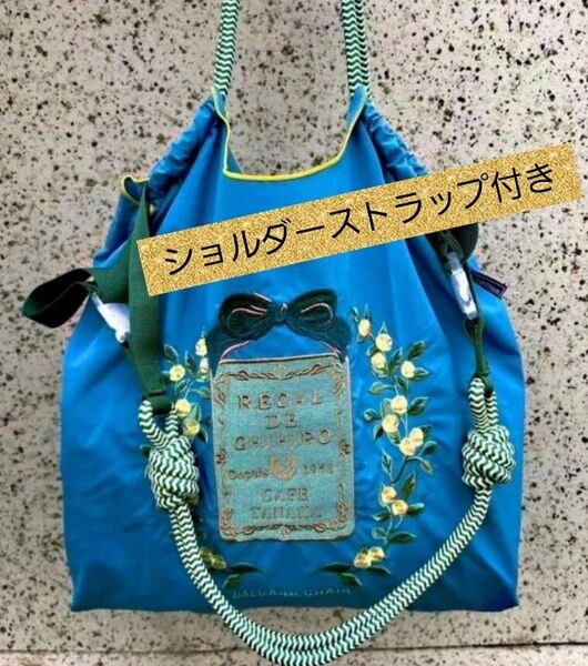 ◆花柄 フラワー リース 刺繍バッグ エコバッグ ◆ブルー◆トートバック◆ショルダーストラップ付き◆新品◆かわいいバッグ