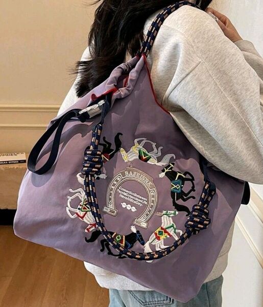 刺繍 ナイロン バッグ 馬 トートバッグ エコバック◆ショルダーストラップ付き◆パープル◆新品・未使用
