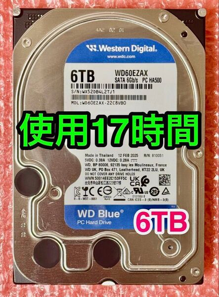 【送料無料★使用時間 17 時間★6TB】★Western Digital WD60EZAX/SATA/2025年2月製