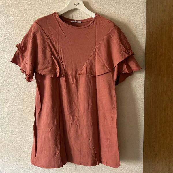 ZARA Tシャツワンピース フリル ロングTシャツ サイズM ザラ カットソー 半袖Tシャツ トップス