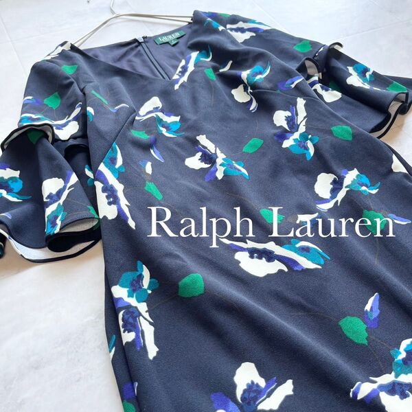 Ralph Laurem フレアスリーブ 花柄ワンピース Vネック ストレッチ