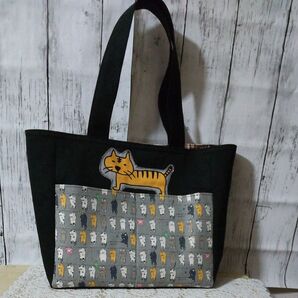 121 コットンこばやし整列ねこ デカねこアップリケ トートバッグ ハンドメイド