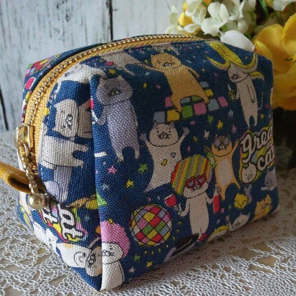 150 コットンこばやし 猫柄 ポーチ 台形ポーチ ハンドメイド