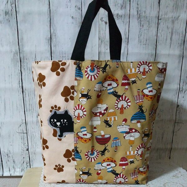 161 猫柄 コットンこばやし整列ねこアップリケ トートバッグ