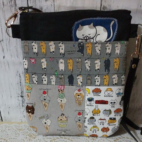 164 コットンこばやし ねこ アップリケ サコッシュ ハンドメイド
