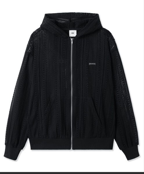 『OY/オーワイ』 LOGO HOODIE ZIP UP/ロゴクロシェフード付きシップアップパーカー ブラック Lサイズ