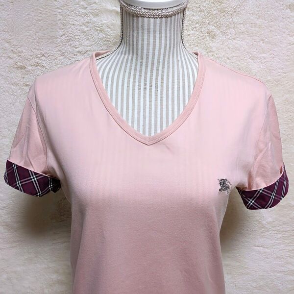 BURBERRY BLACK LABEL Tシャツ カットソー トップス ロゴ刺繍 ノバチェック袖 Vネック 半袖 ピンク M