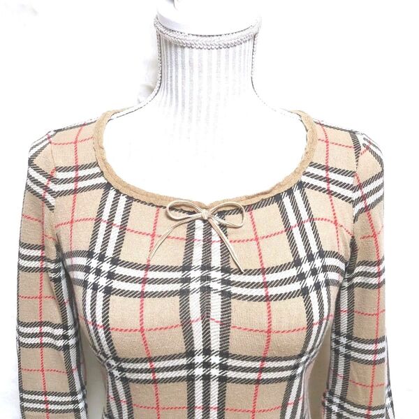 美品 BURBERRY BLUE LABEL バーバリーブルーレーベル ベージュ系ノバチェック フリル リボン Aラインワンピース