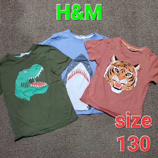 H&M Tシャツ 130 キッズ 男の子 恐竜 虎 サメ セット 半袖Tシャツ 緑 オレンジ 水色