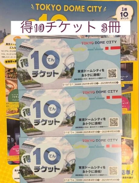 東京ドームシティ 得10チケット 3冊セット 有効期限は2025年4月1日から2025年9月30日まで
