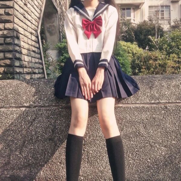 セーラー服風 制服コスプレ 3点セット(長袖シャツ・スカート・リボン)Lサイズ 未使用品 ネイビー系 赤リボン